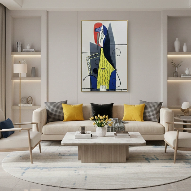 Vibrant Muse Cubist Figure Composition color art (1.5) Gestural abstract hand-painted canvas in red, navy, and vibrant yellow geometric forms, contemporary living space