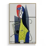 Cubist hand-painted canvas featuring abstracted figure in red, yellow, blue and grey geometric forms with linear details