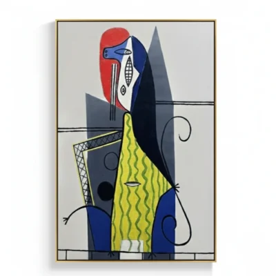Cubist hand-painted canvas featuring abstracted figure in red, yellow, blue and grey geometric forms with linear details