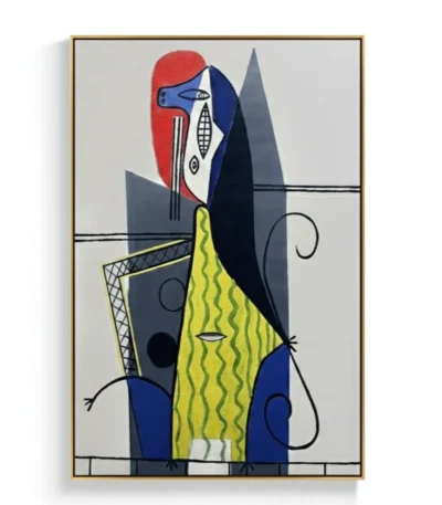 Cubist hand-painted canvas featuring abstracted figure in red, yellow, blue and grey geometric forms with linear details