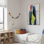 Contemporary abstract hand-painted canvas in red, navy, and chartreuse with geometric forms, children's bedroom
