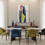 Contemporary abstract hand-painted canvas featuring geometric figure in red, blue, yellow and charcoal tones, dining space
