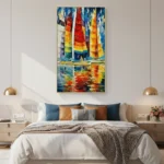 Impressionist hand-painted canvas depicting vibrant sailing boats with red and yellow sails reflected in blue water, modern bedroom