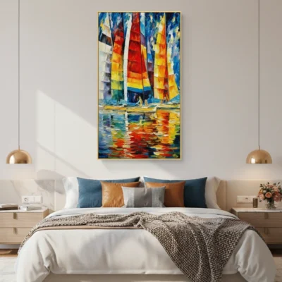 Impressionist hand-painted canvas depicting vibrant sailing boats with red and yellow sails reflected in blue water, modern bedroom