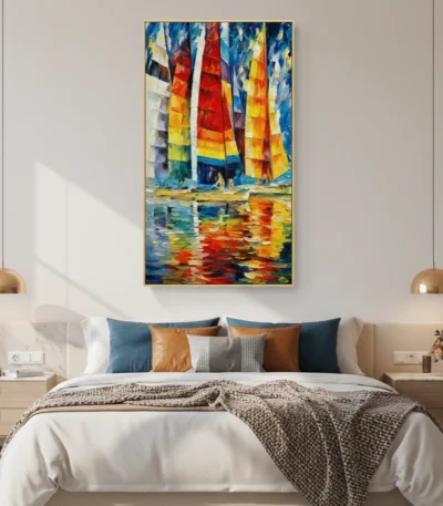 Impressionist hand-painted canvas depicting vibrant sailing boats with red and yellow sails reflected in blue water, modern bedroom