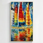 Expressionist hand-painted canvas depicting colorful sailboats with vibrant red, yellow, and blue sails reflected in shimmering water