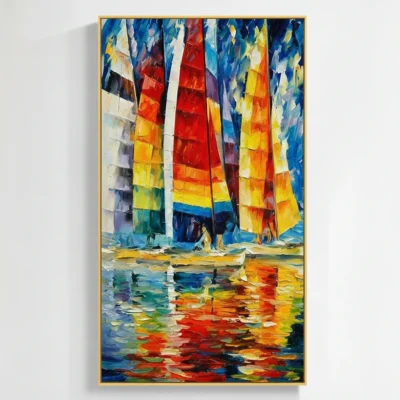 Expressionist hand-painted canvas depicting colorful sailboats with vibrant red, yellow, and blue sails reflected in shimmering water