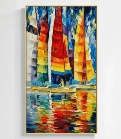 Expressionist hand-painted canvas depicting colorful sailboats with vibrant red, yellow, and blue sails reflected in shimmering water