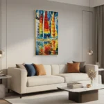 Impressionist hand-painted canvas depicting colorful sailing boats with vibrant red and yellow sails reflected in blue water, contemporary living space