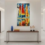 Impressionist hand-painted canvas of colorful sailboats reflected in rippling water, vibrant reds yellows blues, modern entryway