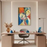 Figurative hand-painted canvas with abstracted faces in vibrant multicolored geometric forms and bold brushstrokes, contemporary office space