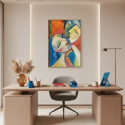 Figurative hand-painted canvas with abstracted faces in vibrant multicolored geometric forms and bold brushstrokes, contemporary office space