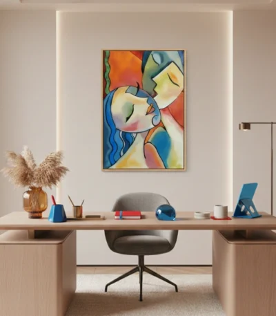 Figurative hand-painted canvas with abstracted faces in vibrant multicolored geometric forms and bold brushstrokes, contemporary office space