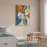 Contemporary figurative hand-painted canvas depicting two embracing figures in vibrant rainbow palette, children's bedroom