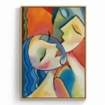 Contemporary hand-painted canvas depicting two abstract faces in profile with vibrant rainbow color blocking and bold black line work