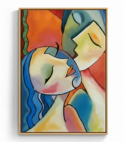 Contemporary hand-painted canvas depicting two abstract faces in profile with vibrant rainbow color blocking and bold black line work