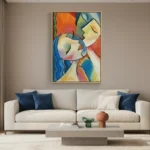 Contemporary abstract hand-painted canvas depicting stylized female faces in vibrant orange, blue, and yellow tones, modern living space