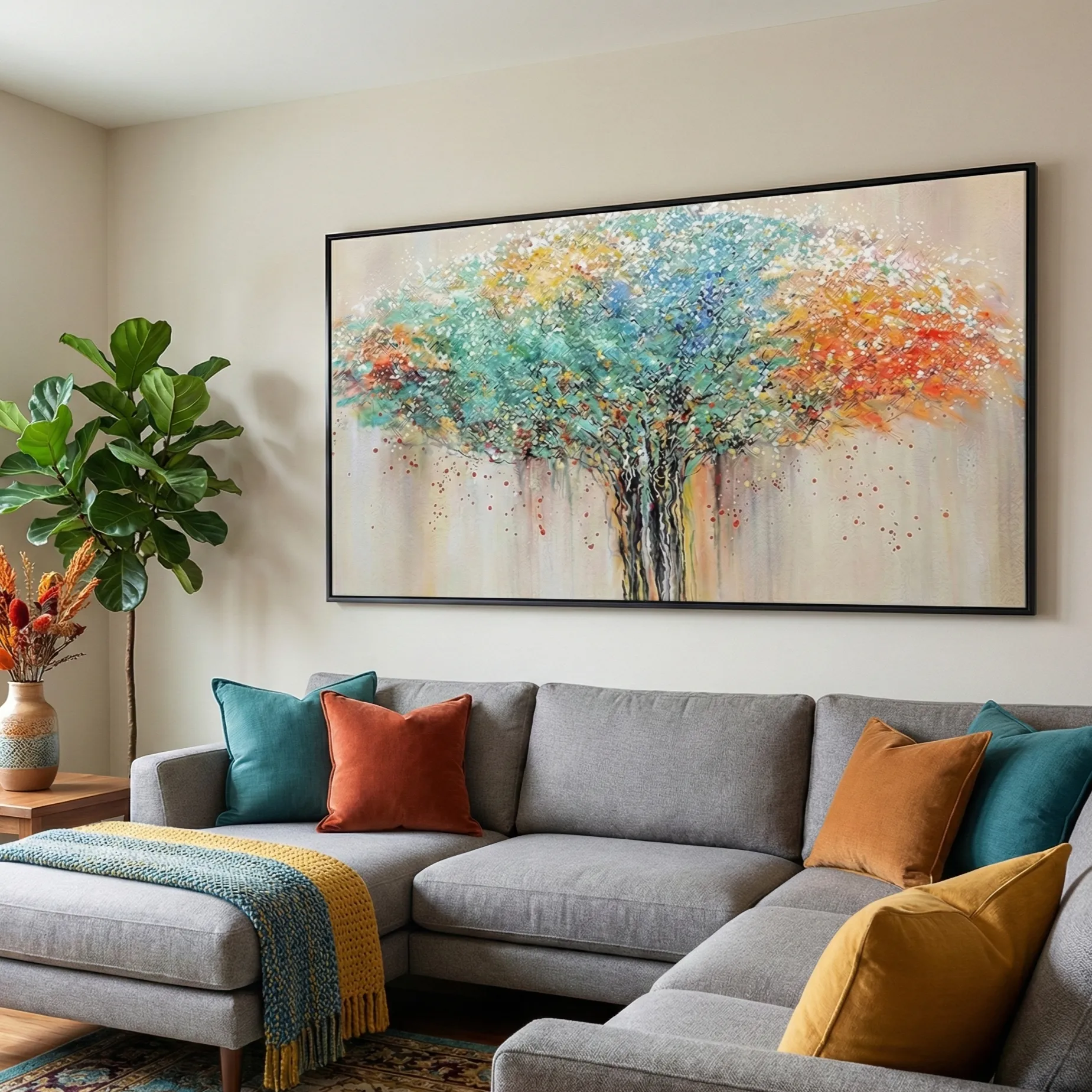 Textured abstract landscape hand-painted canvas depicting a vibrant tree in turquoise, orange, and gold tones, contemporary living space