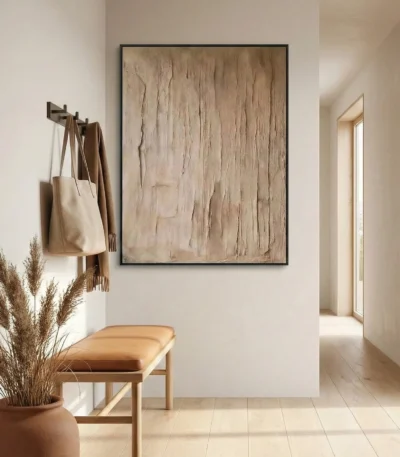 Textured abstract hand-painted canvas in layered beige and taupe tones, modern entryway
