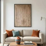 Textured abstract hand-painted canvas in warm earth tones with gestural brushwork, contemporary living space