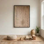 Textured abstract hand-painted canvas in warm beige and taupe tones with vertical gestural brushstrokes, minimalist meditation space