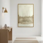 Minimalist abstract hand-painted canvas in cream and taupe with gestural horizontal brushstrokes, contemporary entryway
