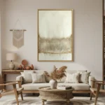 Tonal abstract landscape hand-painted canvas in muted greens and cream with horizontal brushwork, contemporary living space