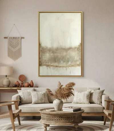 Tonal abstract landscape hand-painted canvas in muted greens and cream with horizontal brushwork, contemporary living space