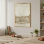 Textured abstract landscape hand-painted canvas in cream and taupe tones with gestural brushwork, contemporary wellness space