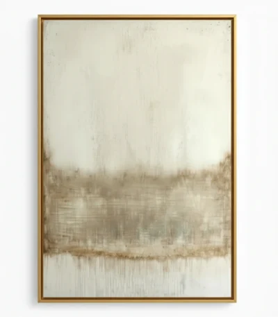 Minimalist landscape hand-painted canvas in layered cream and taupe tones with misty forest reflection