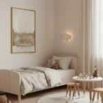 Minimalist abstract landscape hand-painted canvas in soft beige and taupe tones, contemporary nursery