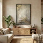 Textured abstract hand-painted canvas in muted grays and gold leaf accents, contemporary living space