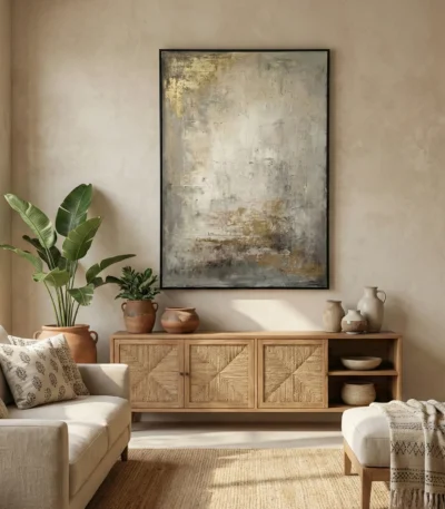 Textured abstract hand-painted canvas in muted grays and gold leaf accents, contemporary living space