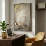 Textured abstract hand-painted canvas in muted grays and gold leaf accents, contemporary workspace