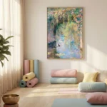 Impressionist hand-painted canvas depicting a blooming garden archway over reflective water in soft pastels, yoga studio setting