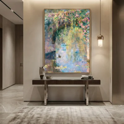 Impressionist hand-painted canvas depicting a flowering garden archway reflected in water, soft pastels and luminous yellows, contemporary entryway