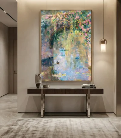Impressionist hand-painted canvas depicting a flowering garden archway reflected in water, soft pastels and luminous yellows, contemporary entryway