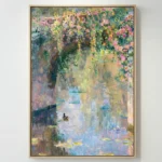 Impressionist hand-painted canvas depicting a sunlit garden archway with cascading pink and yellow flowers overlooking a serene water landscape