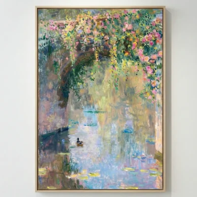 Impressionist hand-painted canvas depicting a sunlit garden archway with cascading pink and yellow flowers overlooking a serene water landscape