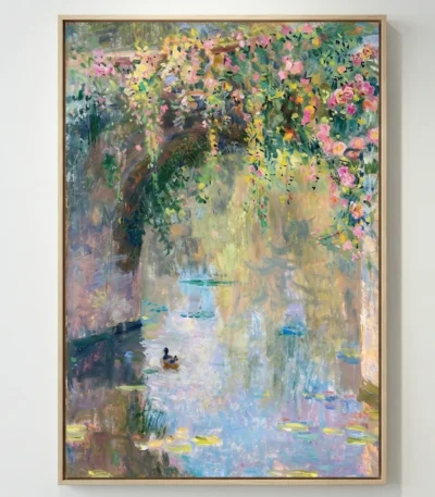Impressionist hand-painted canvas depicting a sunlit garden archway with cascading pink and yellow flowers overlooking a serene water landscape