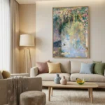 Impressionist hand-painted canvas depicting a lush garden with cascading florals and reflective water in soft pastels, contemporary living space