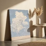 White Cumulus textured wall art shown framed on the wall in a styled interior