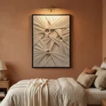 Textured abstract hand-painted canvas with radiating linear patterns and dimensional spheres in cream and taupe, modern bedroom setting