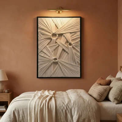 Textured abstract hand-painted canvas with radiating linear patterns and dimensional spheres in cream and taupe, modern bedroom setting