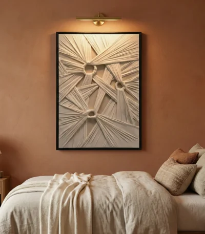 Textured abstract hand-painted canvas with radiating linear patterns and dimensional spheres in cream and taupe, modern bedroom setting