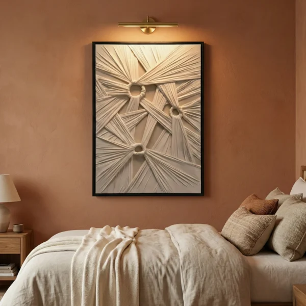 Textured abstract hand-painted canvas with radiating linear patterns and dimensional spheres in cream and taupe, modern bedroom setting