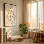 Minimalist hand-painted canvas with radiating linear patterns in cream and taupe tones, contemporary living space