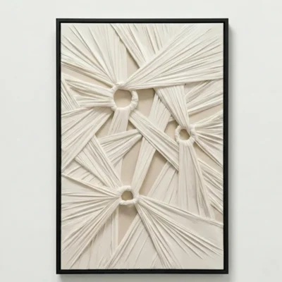 Textured abstract wall art featuring radiating cream and ivory ribbons with dimensional folds and circular voids, hand-painted canvas