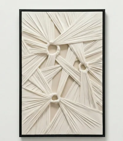 Textured abstract wall art featuring radiating cream and ivory ribbons with dimensional folds and circular voids, hand-painted canvas