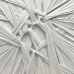 Textured abstract hand-painted canvas with interwoven white ribbons and geometric layering, monochromatic palette, contemporary space
